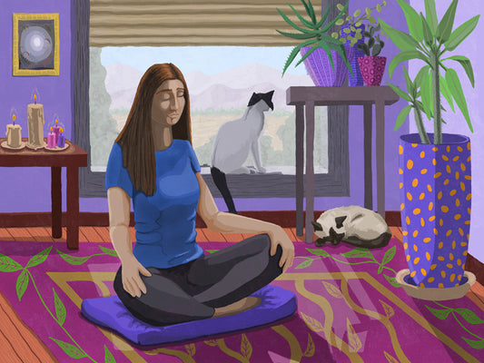 A woman meditates in a room full of plants, candles and cats with a beautiful view out a window.