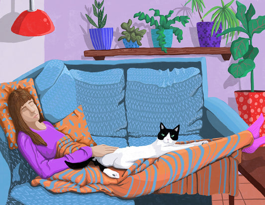 A woman and her cat have a nap in a cozy room full of plants.