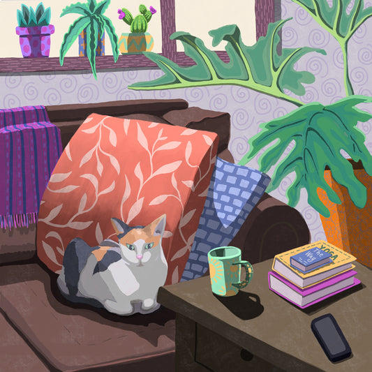 Foggy, my cat, poses for me on the couch as I draw the living room with all its plants and comforts