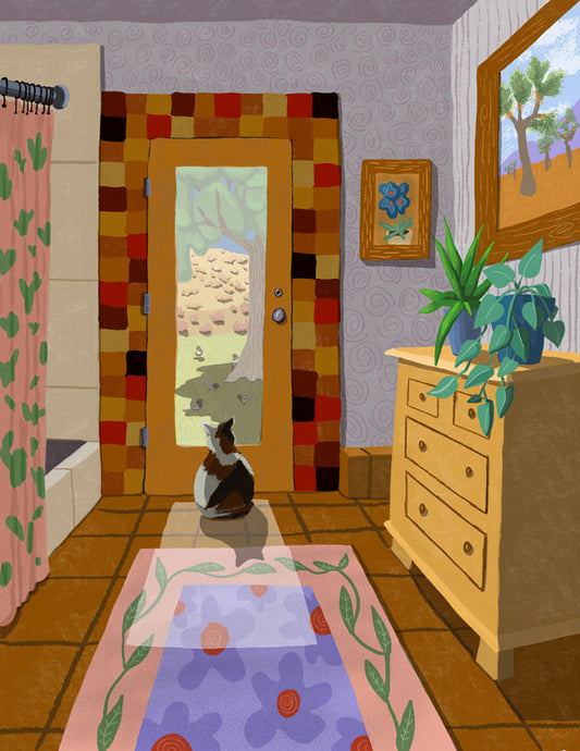 This piece shows that when Foggy isn’t sleeping on the couch, she enjoys looking out the window and watching the dark eyed juncos that frequent the yard in the winter months in the Mojave Desert.