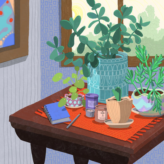 Multiple houseplants are collected on a table in a room.